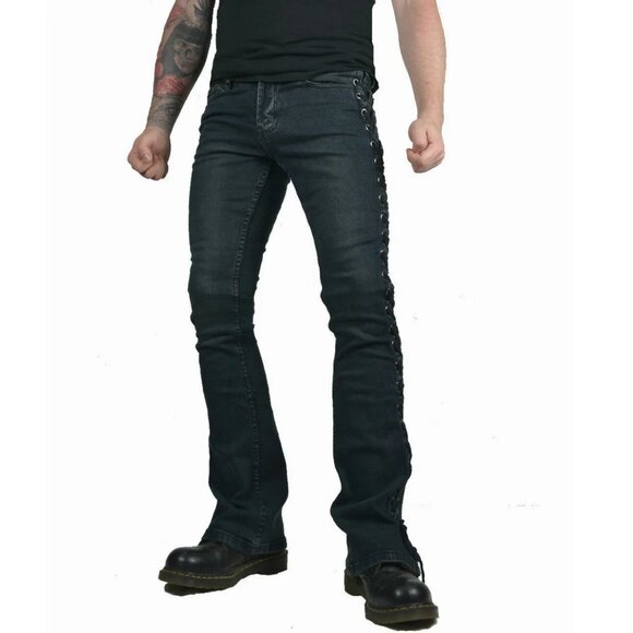 DARKROCK LACE UP ROCKER FIT RIFF BOOT CUT GOTHIC PUNK STAGE JEANS PANTS BIKER